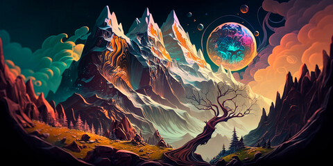 generative ai illustration of landscape of swirly mountains in a dreamworld, dreamy, concept art, cyberdelic