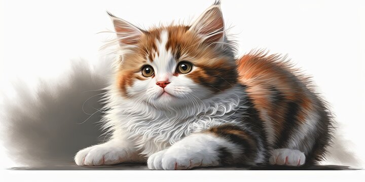 AI-generated image of a young, adorable, and fluffy cat with red and white fur, Generative AI