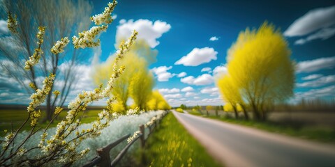 Blurred spring scenery with blooming willow branches and forest road under blue sky with clouds, Generative AI