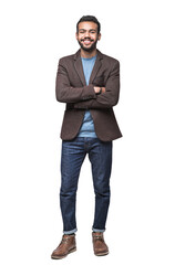 Cheerful businessman standing confident isolated in transparent PNG, Full length studio portrait of smiling young man with folded arms