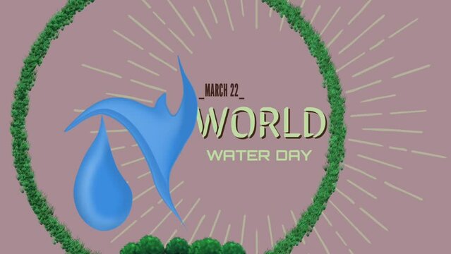 World water day animation video isolated on green background decorated with trees and water drops on earth
