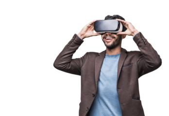 Young man using virtual reality headset isolated in transparent PNG, VR, future, gadgets, technology concept
