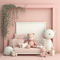 3D Render of Pink Nursery Interior with Toys, Plants, and Framed Artwork
