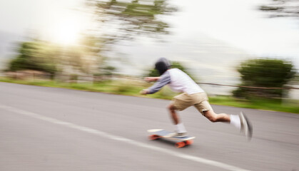 Skateboard, moving and man with motion blur for sports competition, training and exercise on...