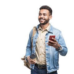Young handsome man with backpack holding smart phone and coffee Isolated transparent PNG, Smiling student going on a travel - 580006488