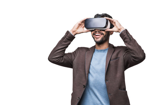 Young man using virtual reality headset isolated in transparent PNG, VR, future, gadgets, technology concept