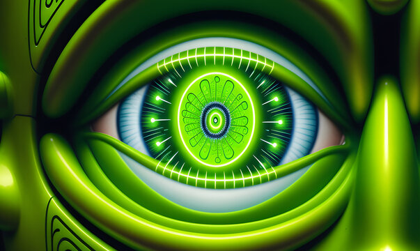 The eyes of an alien creature awakens the concept of artificial intelligence, Technologies of our future, artificial intelligence generation. A neural network. Digital images. Artificial intelligence 