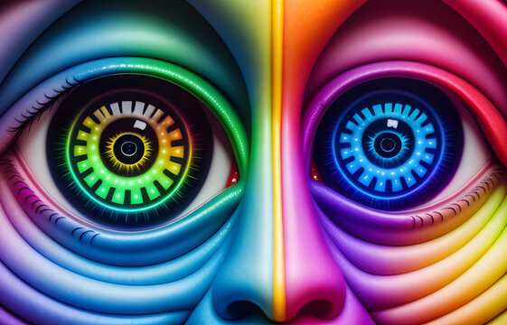 The eyes of an alien creature awakens the concept of artificial intelligence, Technologies of our future, artificial intelligence generation. A neural network. Digital images. Artificial intelligence 