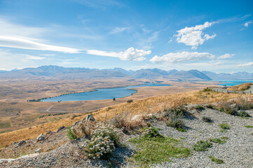 Aerial view from Mount John of Mackenzie country with Lake Alexandrina on South Island. This is one the most beautiful regions in New Zealand