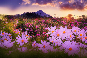 Ravishing closeup floral and flower scenery in natural landscape with starry night sky and cosmical lighting and environment setting like fairytale