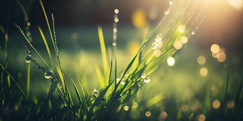 Young green grass in spring with selective focus; the suns rays shine through creating a beautiful scene, Generative AI