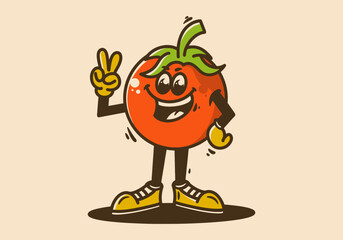 Mascot character of a standing tomato with hands forming a peace symbol