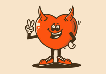 Obraz premium Mascot character of a standing devil heart with hands forming a peace symbol