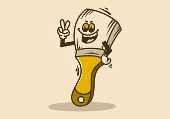 Mascot character of a standing paintbrush with hands forming a peace symbol