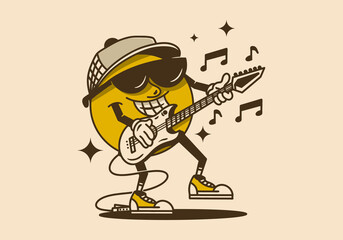 Mascot character of a yellow ball playing rock music with guitar