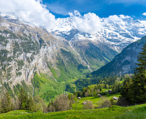 amazing alpine valley in Lauterbrunnen village in Switzerland