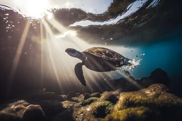 the cutest anthropomorphic Tortoise in the world dressed in large ninja clothes on the ocean floor is erupting and giving birth to an island