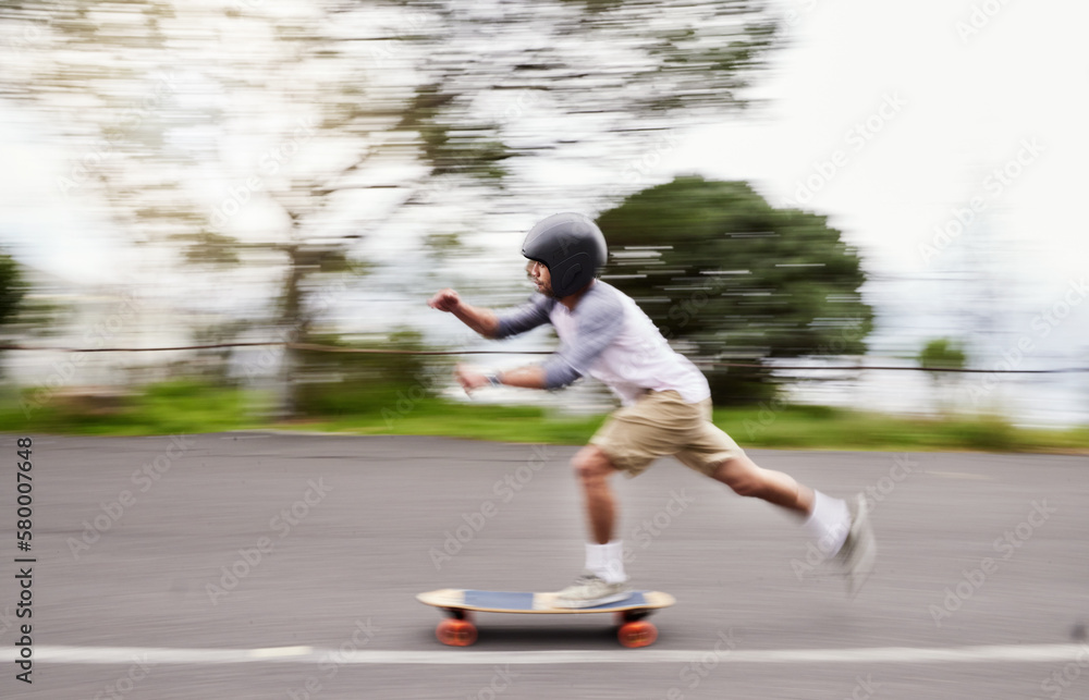 Wall mural skateboard, motion blur and man speed on road for sports competition, training and exercise in city.