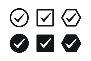 Check icons, flat check symbols, tick sign, black and outline vector illustration set