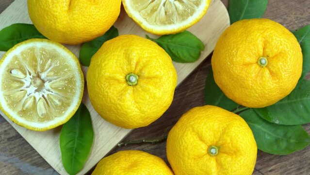 Top view Rotate Sweet Yuzu Orange fruit with leaves on wooden table in garden, Yuzu Orange with leaves in wooden background 4k resolution.
