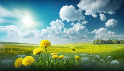 A scenic meadow field with lush green grass and bright yellow dandelion flowers in a natural setting, set against a soft and dreamy blue sky with fluffy clouds in the background. Generative AI.