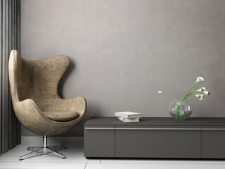 modern interior, brown armchair on wall background