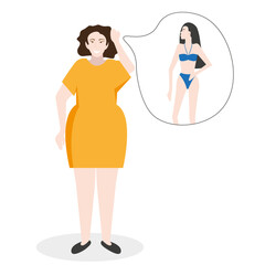 A stout woman dreams of becoming slim. Weight loss, health, flat vector illustration