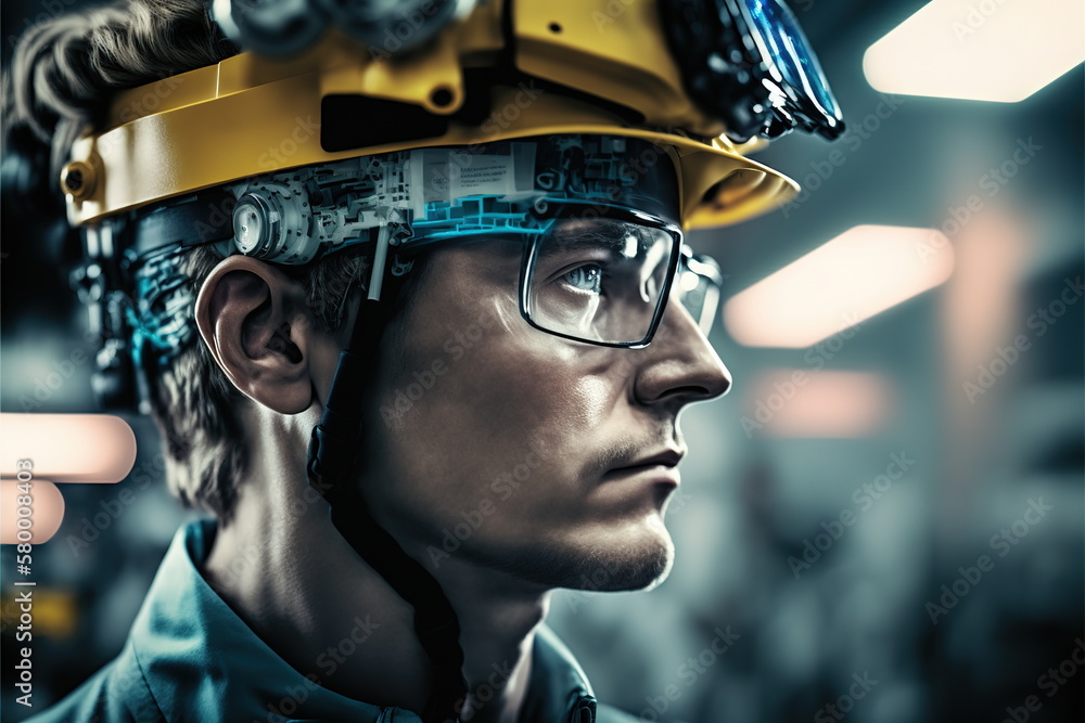 Poster technological engineer portrait ensuring high-quality and precise production quota on factory assemb