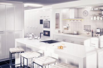Fototapeta na wymiar Moderne Loft-Küche in weiß - 3D Visualisierung