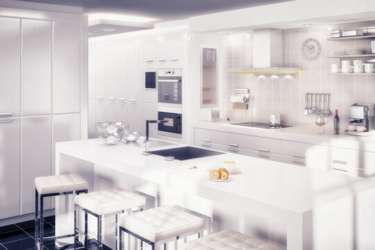 Moderne Loft-Küche in weiß - 3D Visualisierung
