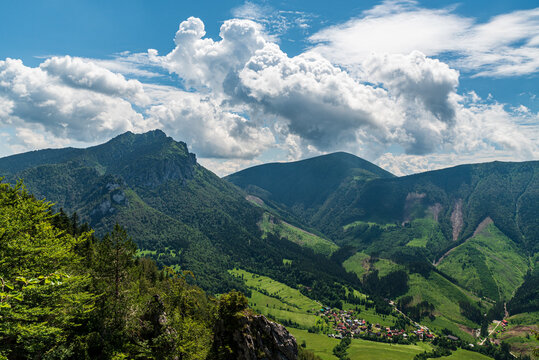 Stefanova village with Velky Rozsutec and Stoh hill from Boboty hill in Mala Fatra mountains in Slovakia