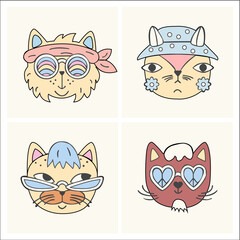 Set of funny cartoon hippie cats
