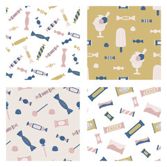 Set of seamless vector sweets patterns. Collection of candies backgrounds for fabric, textile, cover, design etc.