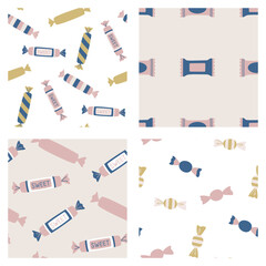 Set of seamless vector sweets patterns. Collection of candies backgrounds for fabric, textile, cover, design etc.