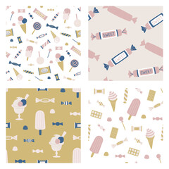 Set of seamless vector sweets patterns. Collection of candies backgrounds for fabric, textile, cover, design etc.