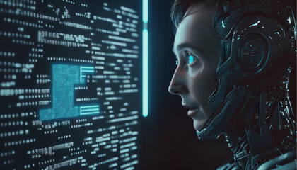 Artificial Intelligence: Human-Machine Interface with Code, half human face, Artificial intelligence, person with code, artificial intelligence concept.