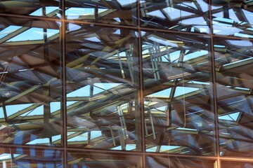 Photo of structural glazing. Roof with windows. geometric architectures. realistic window. modern architecture. Geometric frames background. Polygonal pattern of glass panels.