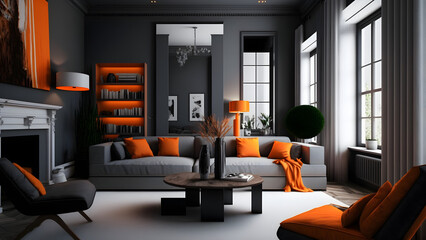 Modern minimalist beige interior with orange sofa and coffee table. 3d render illustration mock up.