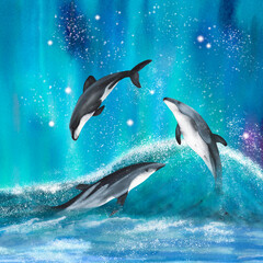 Obraz na płótnie Canvas Three hand drawn watercolor dolphins. An illustration for printing design.