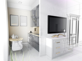 Fototapeta na wymiar modern kitchen in the apartment, 3d rendering