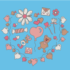 heart with flowers and birds retro valentine's day,teddy bear,garland of hearts,chamomile,flower,letter,candy,love,peak,chirva,tenderness,glamour,cupid
