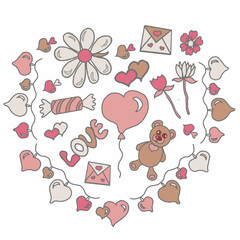 valentine greeting card retro valentine's day,teddy bear,garland of hearts,chamomile,flower,letter,candy,love,peak,chirva,tenderness,glamour,cupid