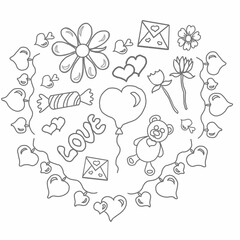 hand drawn doodles retro valentine's day,teddy bear,garland of hearts,chamomile,flower,letter,candy,love,peak,chirva,tenderness,glamour,cupid