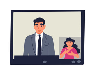 A man is on a video call with a woman on the screen, sign language interpreter.  Vector illustration