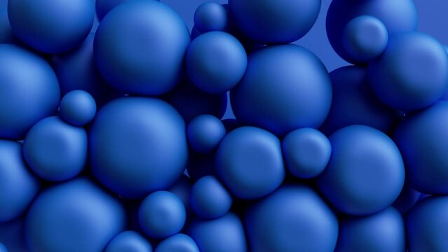 3d animation, abstract background with blue balls, inflatable balloons. Pressed round shapes. Simple geometric wallpaper