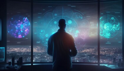 silhouette of a person in front of futuristic display for presentation