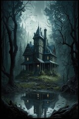 Obraz premium Dark gothic abandoned house in the forest. Halloween scene. Spooky. Horror concept. Generative ai. 