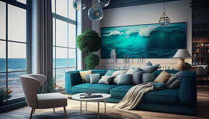 Inspiring Living Room Ideas with a Sea Beach Theme and Ocean Views,  furniture, sofa, interior, decor, Generative AI
