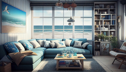 Inspiring Living Room Ideas with a Sea Beach Theme and Ocean Views, Generative AI