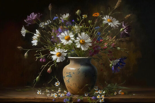 Still Life Painting of Vase with Colorful Flowers
